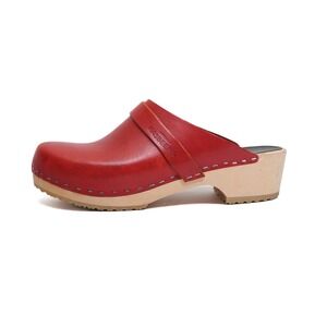 Swedish Hasbeens Clogs Women Size 38 Red Leather Wooden Sole Slip On Handmade